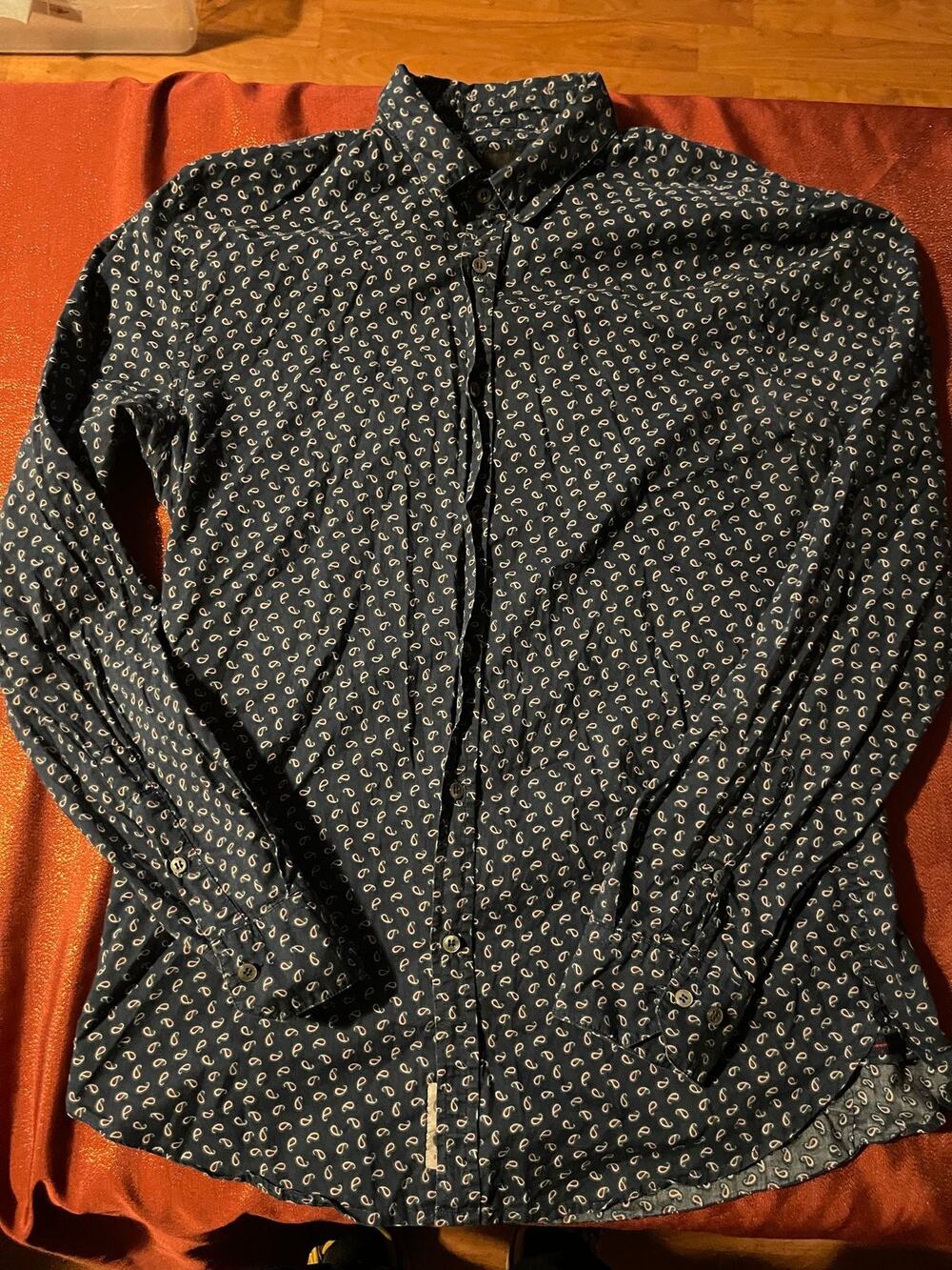 Sisley Shirt Mens Regular Fit Paisley Button Up Long Sleeve Navy Spare Buttons